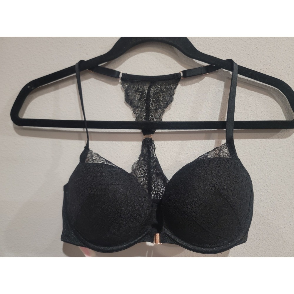 Victoria's Secret Pink Date Push-Up Bra Sz 32D Black Lace Racer-Back EUC